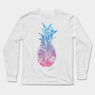 Blue and Pink Floral Pattern Pineapple Long Sleeve T-Shirt